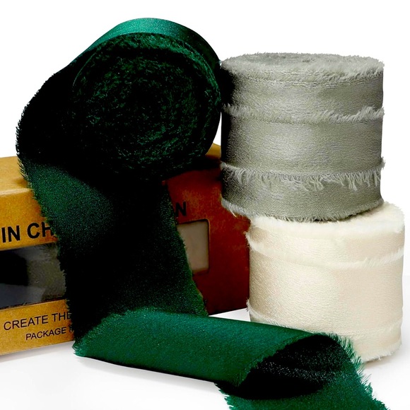 Green Ivory Ribbon for Gift Wrapping, Silk Satin Chiffon Frayed Fabric Ribbons - Picture 1 of 2